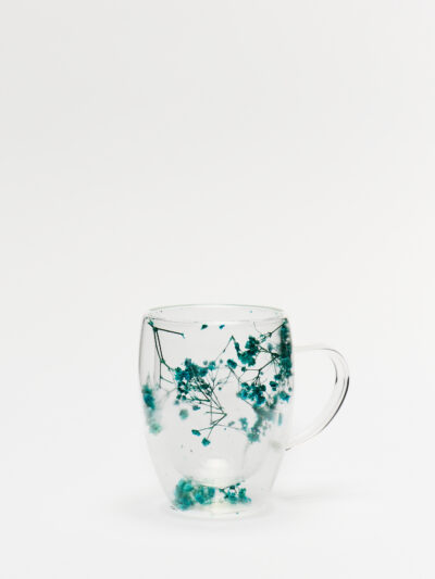 Taza Doble Vidrio con Flores Rosa y Celestes 350 Ml