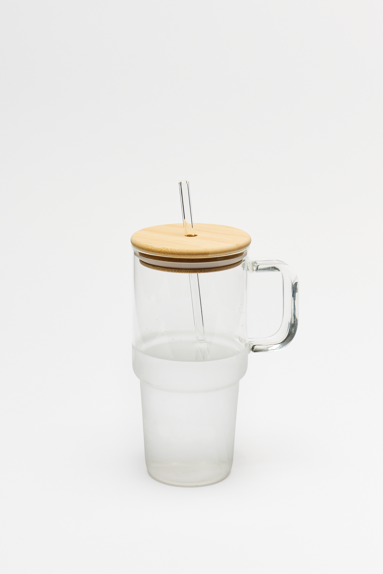 Vaso Vidrio Tipo Quencher con Asa Sorbete y Tapa Bambu 750 Ml