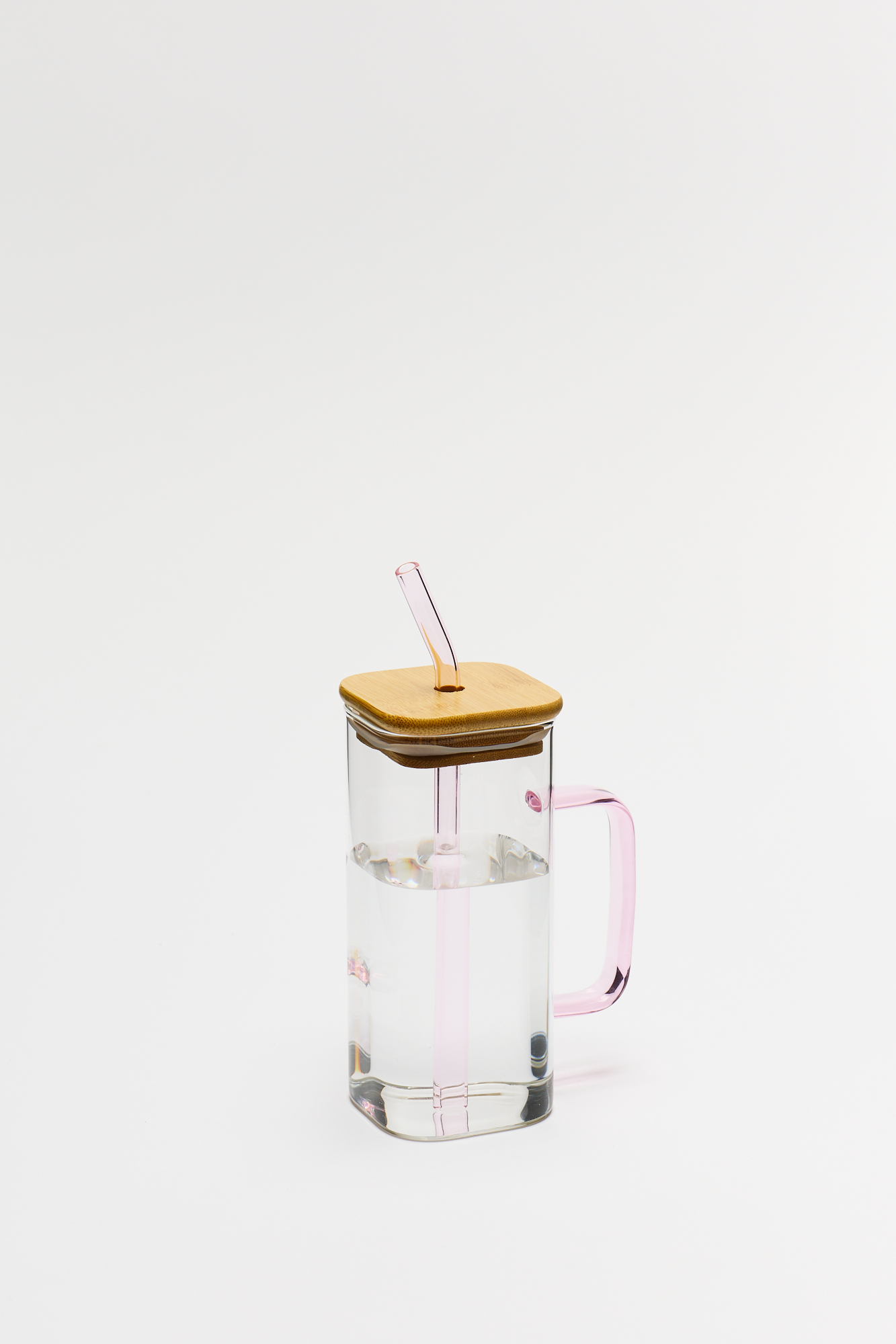 Vaso Vidrio con Tapa Bambu Asa Color y Sorbete 400 Ml