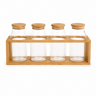 Set X4 Condimenteros C/Soporte y Tapa de Bambu