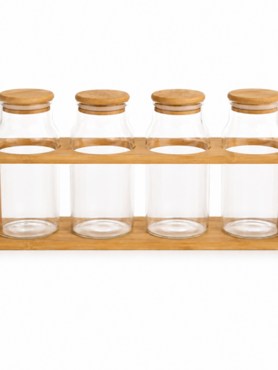 SET X4 CONDIMENTEROS C/SOPORTE Y TAPA DE BAMBU