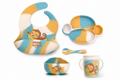 Set x5 Piezas (Plato, Babero, Bowl, Cuchara, Vaso) – Mono Lulo Celeste Footy