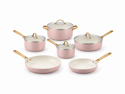 GreenPan Padova Set X10 Ollas Rosado C/Mangos Y Asas Dorado