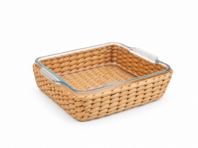 Fuente Cuadrada Vidrio P/Horno C/Canasta Yute 24X20X5 CM - 1.5 LT