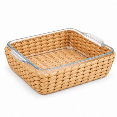 Fuente Cuadrada Vidrio P/Horno C/Canasta Yute 24X20X5 CM - 1.5 LT